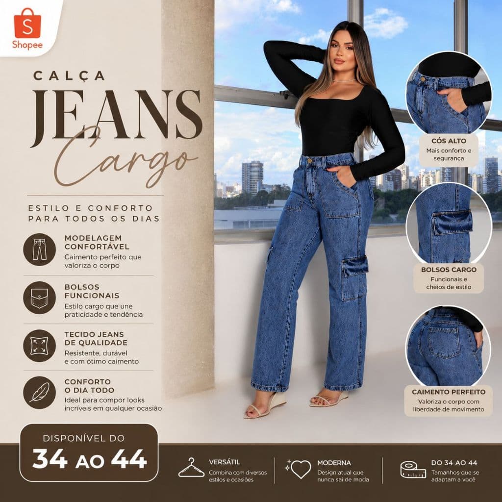 Calça Cargo Jeans Feminina Marmorizada Cintura Alta 100% Algodão Premium