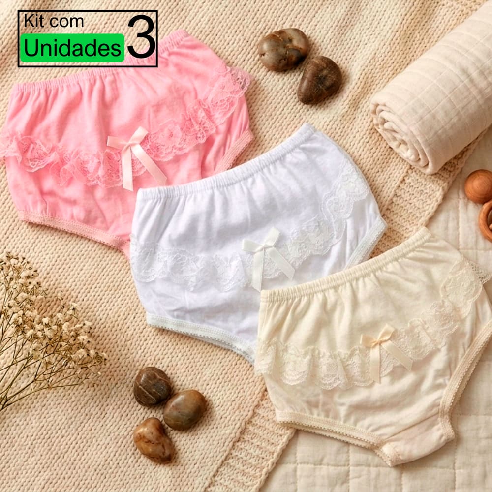 Calcinha Bunda Rica Para Bebês e Crianças Com Renda E Laço Kit Com 3 Unidades 1087