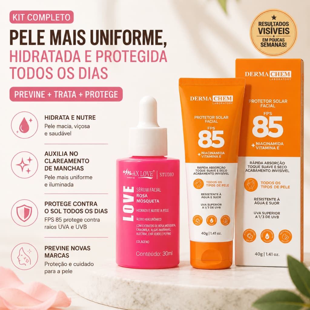 Kit Rosa Mosqueta + Protetor Solar FPS 85 Clareador de Manchas Hidratante Facial Anti Idade Skincare
