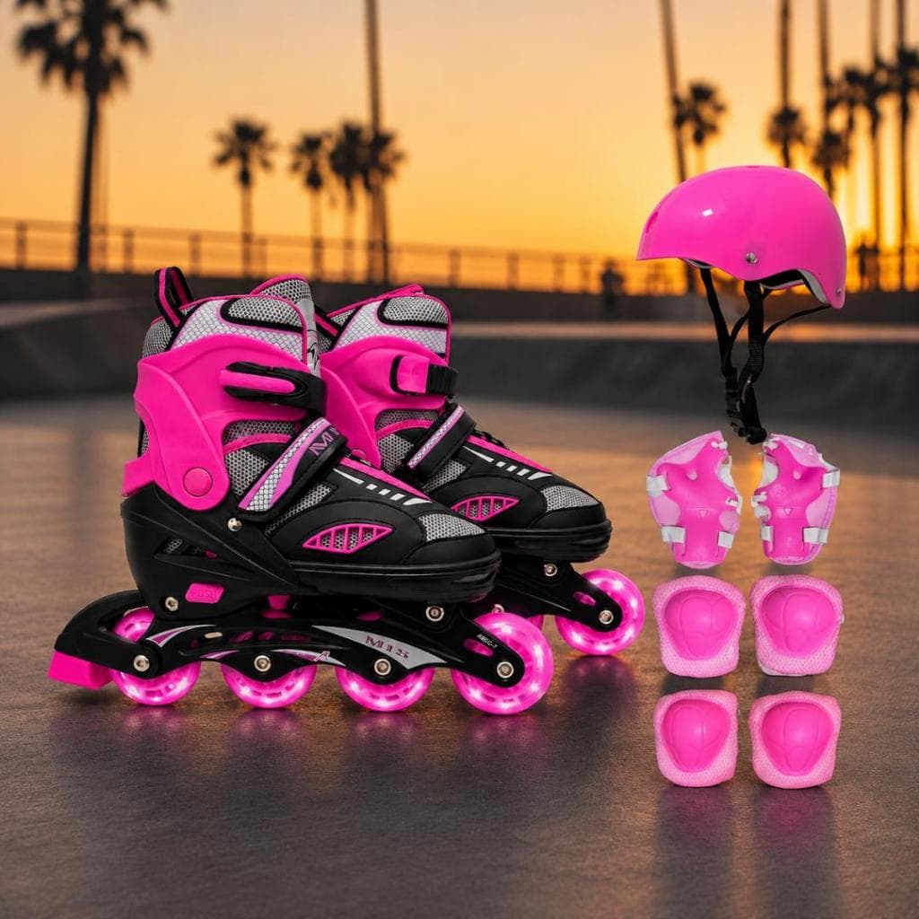Patins Inline Roller New Semi Pró Ajustavel Regulavel Rodinhas de LED + KIT PROTEÇÃO
