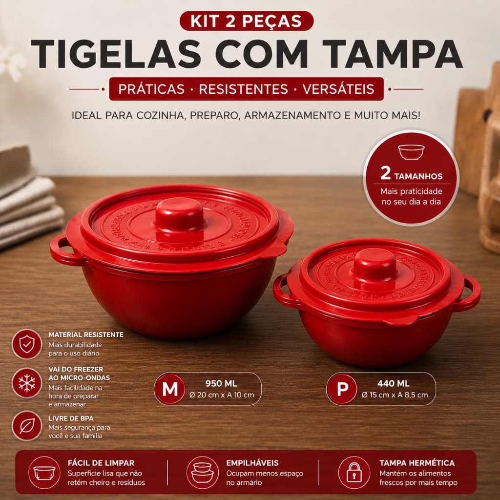 Kit Tigelas Com Tampa Hermética Organizador Pote Redondo Cozinha Microondas Freezer BPA Free 2 Peças