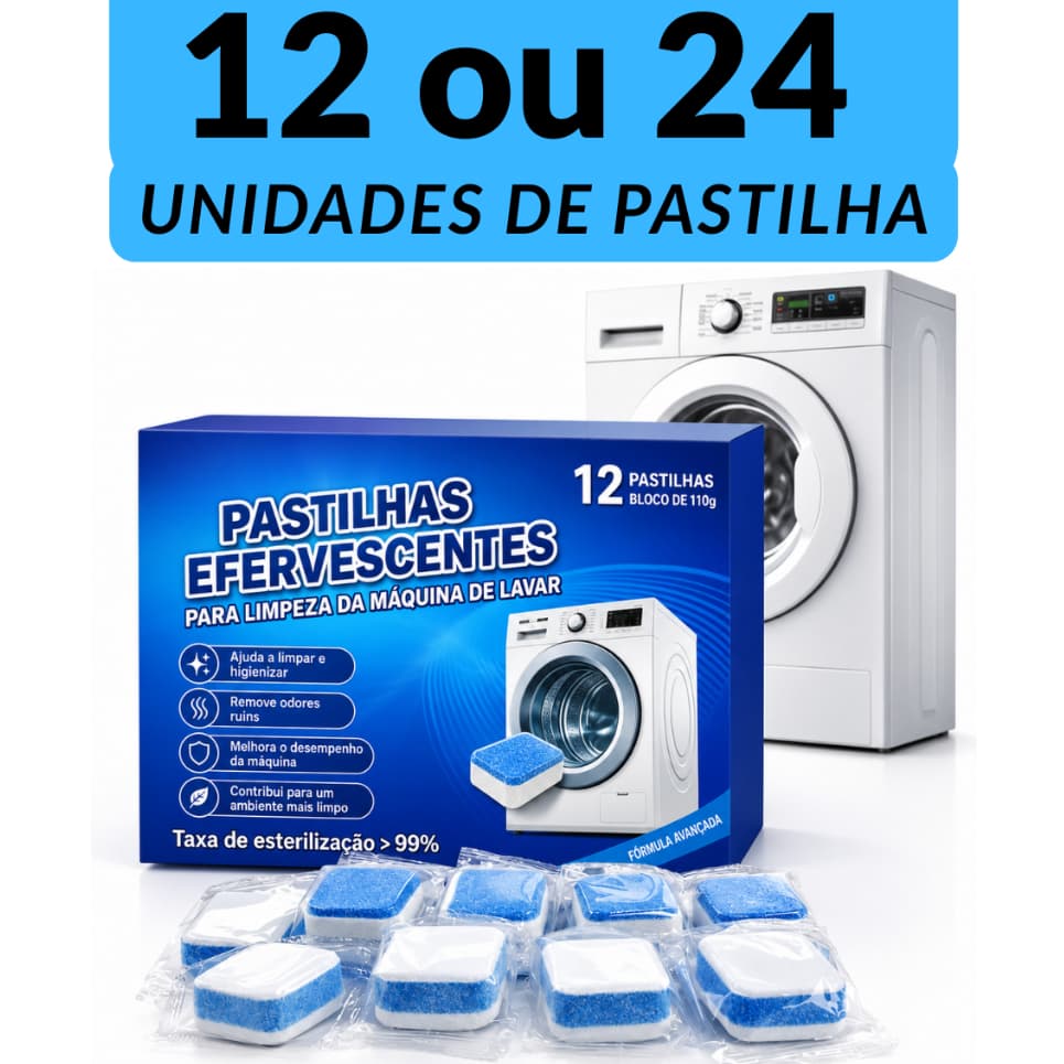 Pastilha Efervescente Limpeza Máquina de Lavar Roupa Removedor Sujeira e odor