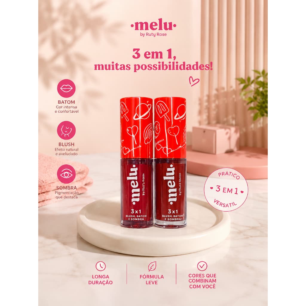 Blush, Batom e Sombra Líquida Melu By Ruby Rose 3 em 1
