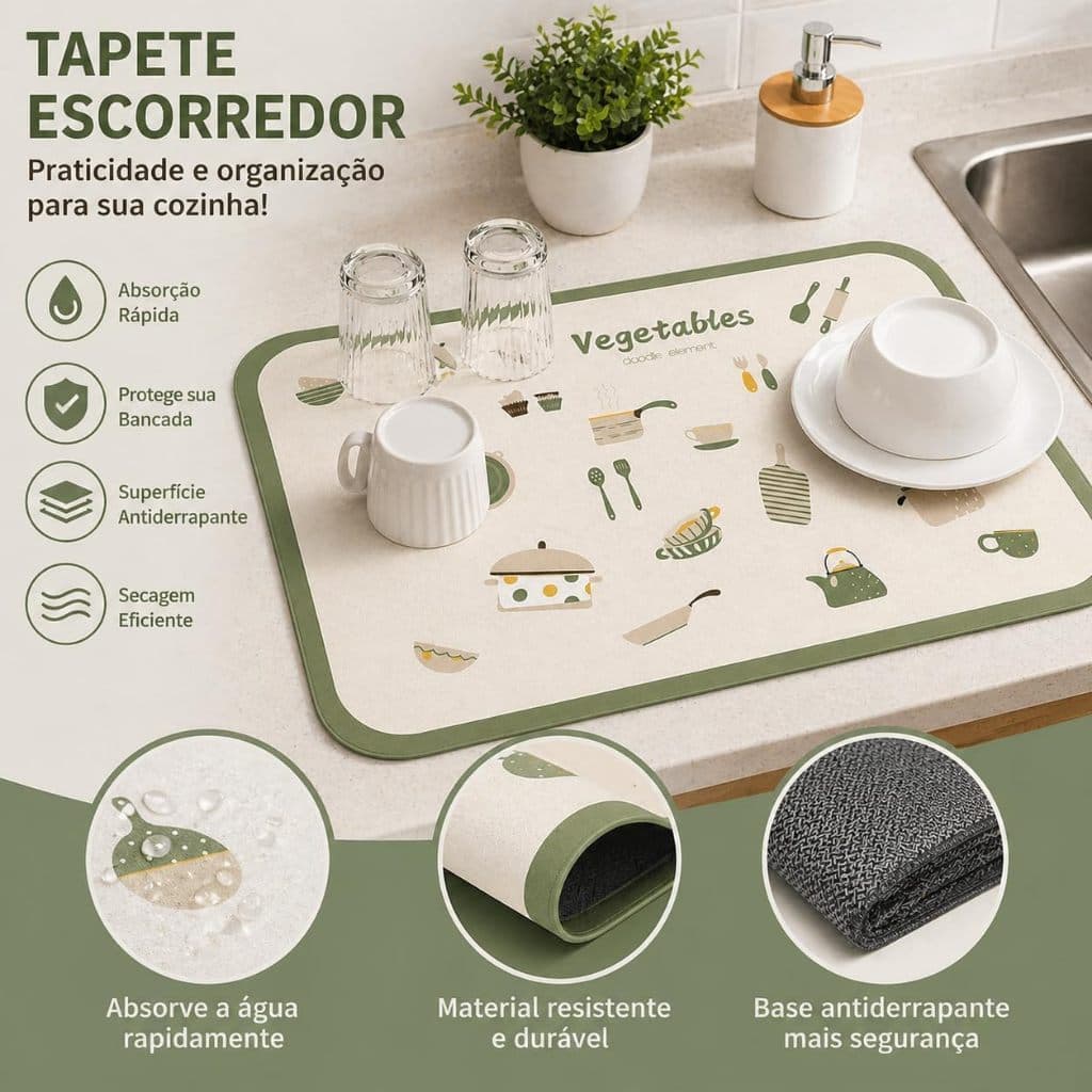 Tapete Escorredor de Louça Absorvente Antiderrapante Secagem Rápida Cozinha