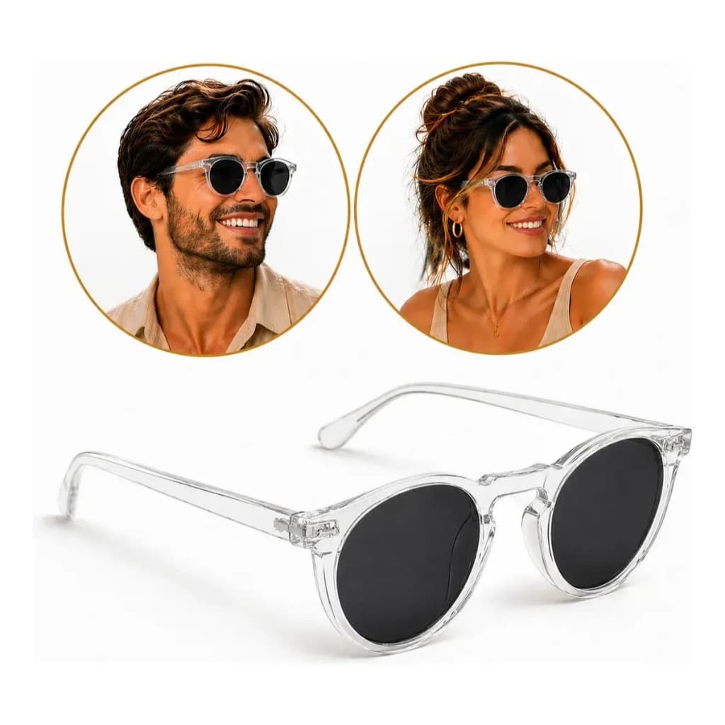 Óculos Sol Malibu Casual Redondo Unissex Uv400 Pequeno Retro Transparente Lente Preto