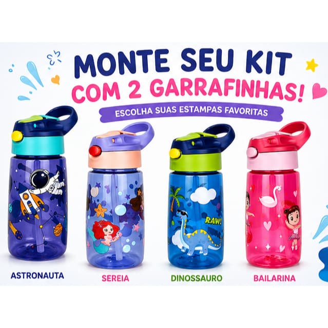 KIT 2 GARRAFINHA INFANTIL SQUEEZE CANUDO SILICONE 450ML PLÁSTICO GARRAFA DE AGUA