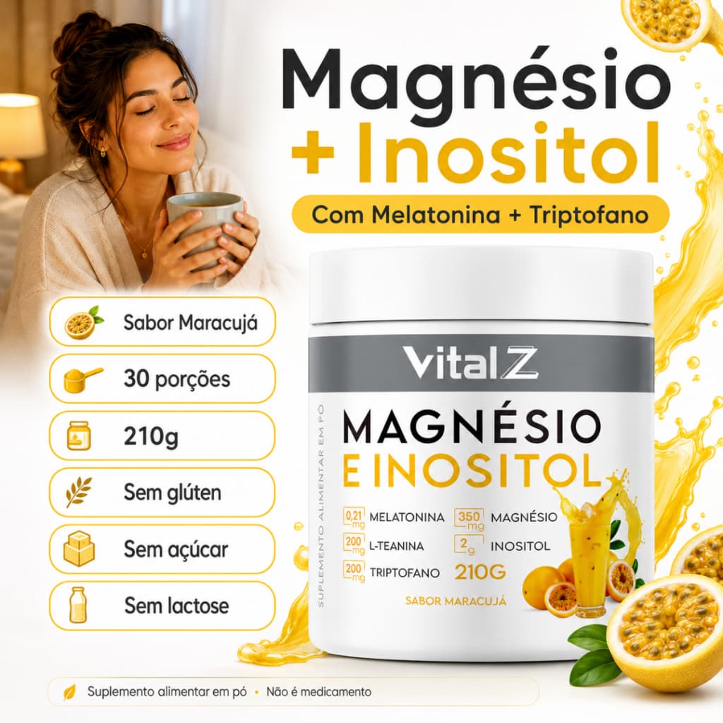 Magnésio + Inositol com Triptofano e Melatonina | Sabor Maracujá | Pó Solúvel | Vital Z