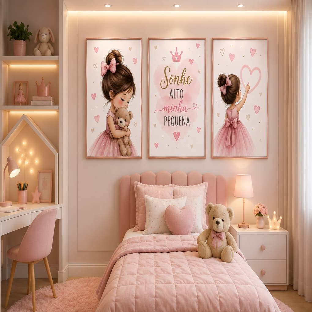 Kit 3 Quadros Decorativos Infantil Menina Sonhe Alto Minha Pequena Ursinha Rosa Quarto Bebê Criança