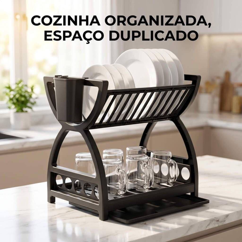 Organizador de Bancada e Armário Cozinha Suporte de Pratos Louças 2 Andares Plástico Preto