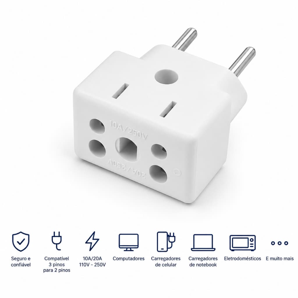 Adaptador Tomada 10A 20A Bivolt 3 Pinos Para 2 Pinos Padrão Brasileiro Notebook Casa Uso Fácil Seguro Plugvex™