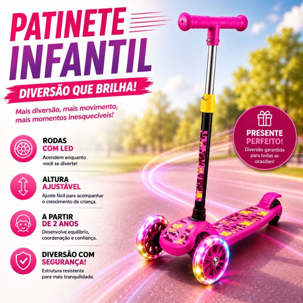 Patinete Infantil 3 Rodas Luzes Led Dobrável Regulável Rosa