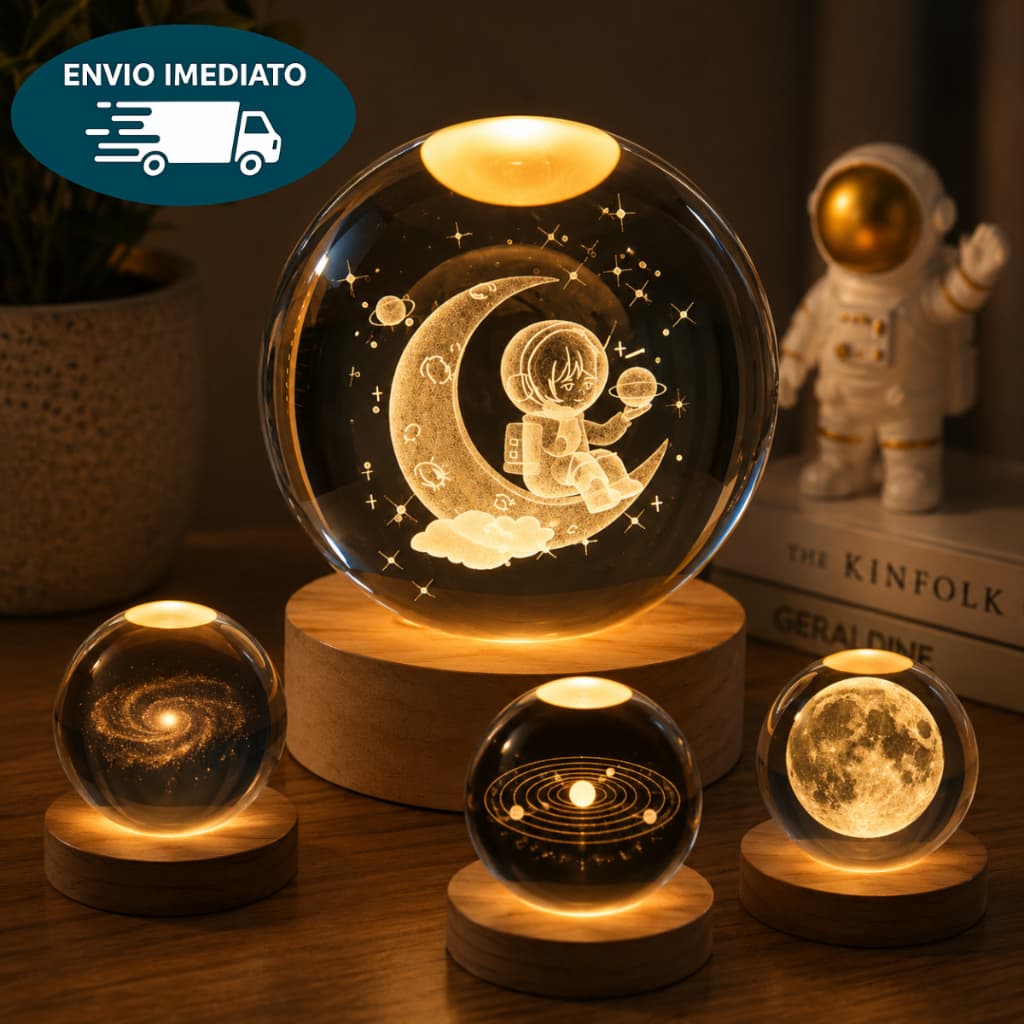 Luminária de Mesa Bola de Cristal Astronauta  Sistema Solar Lua Galáxia 3D LED para Decoração Quarto