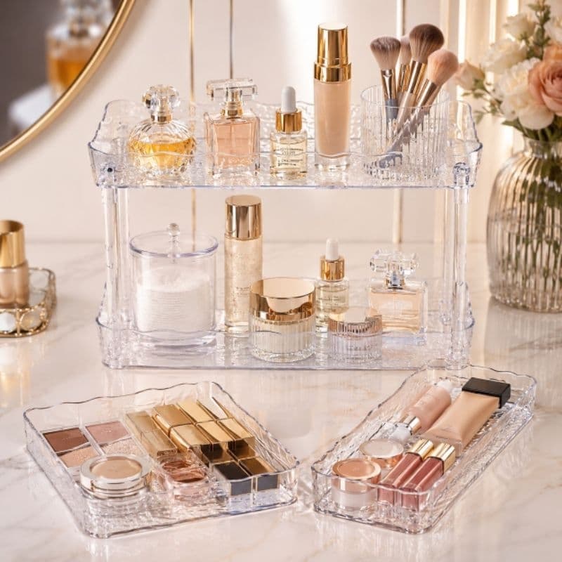 Kit Organizador Acrílico de Maquiagem Perfumes Cosméticos Banheiro Penteadeira Multiuso com Bandejas