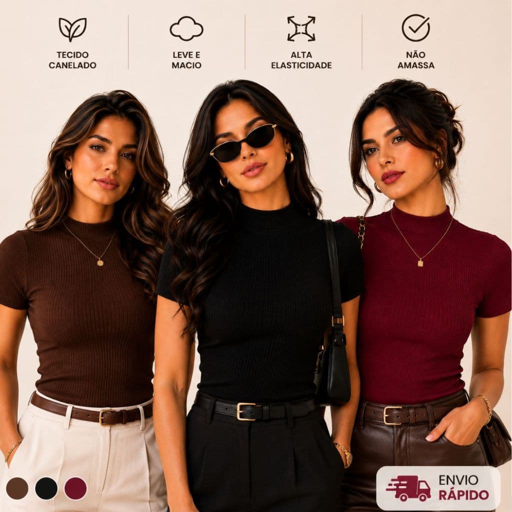 Kit 3 Camiseta Feminina Canelada Gola Alta Blusa Básica Manga Curta Confortável Moda Feminina Casual