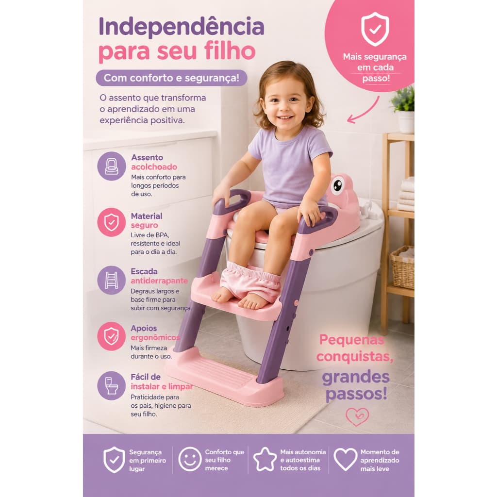 Assento Redutor Infantil Vaso Sanitario Rosa Seguranca Conforto Anti Derrapante Independência filho