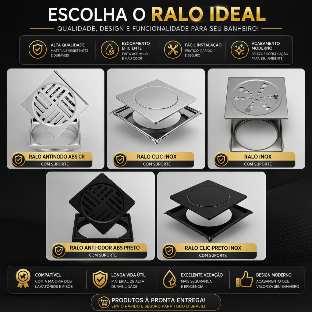 Link Metais, Ralo 100% Inox, Ralo Abs Para Banheiro, Ralo 10 x 10 Banheiro