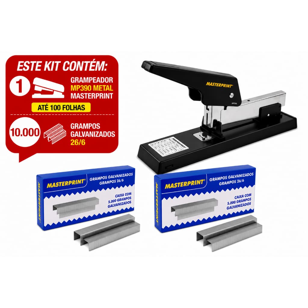 KIT 1 GRAMPEADORES MP390 METAL ATÉ 100 FOLHAS + 10.000 GRAMPOS GALVANIZADOS 26/6 MASTERPRINT