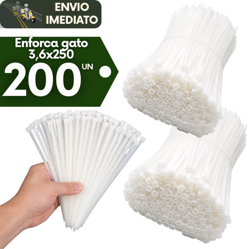 Kit 200 Enforca Gato Abraçadeira de Nylon Branca 3,6X250MM Organizador Resistencia Durabilidade