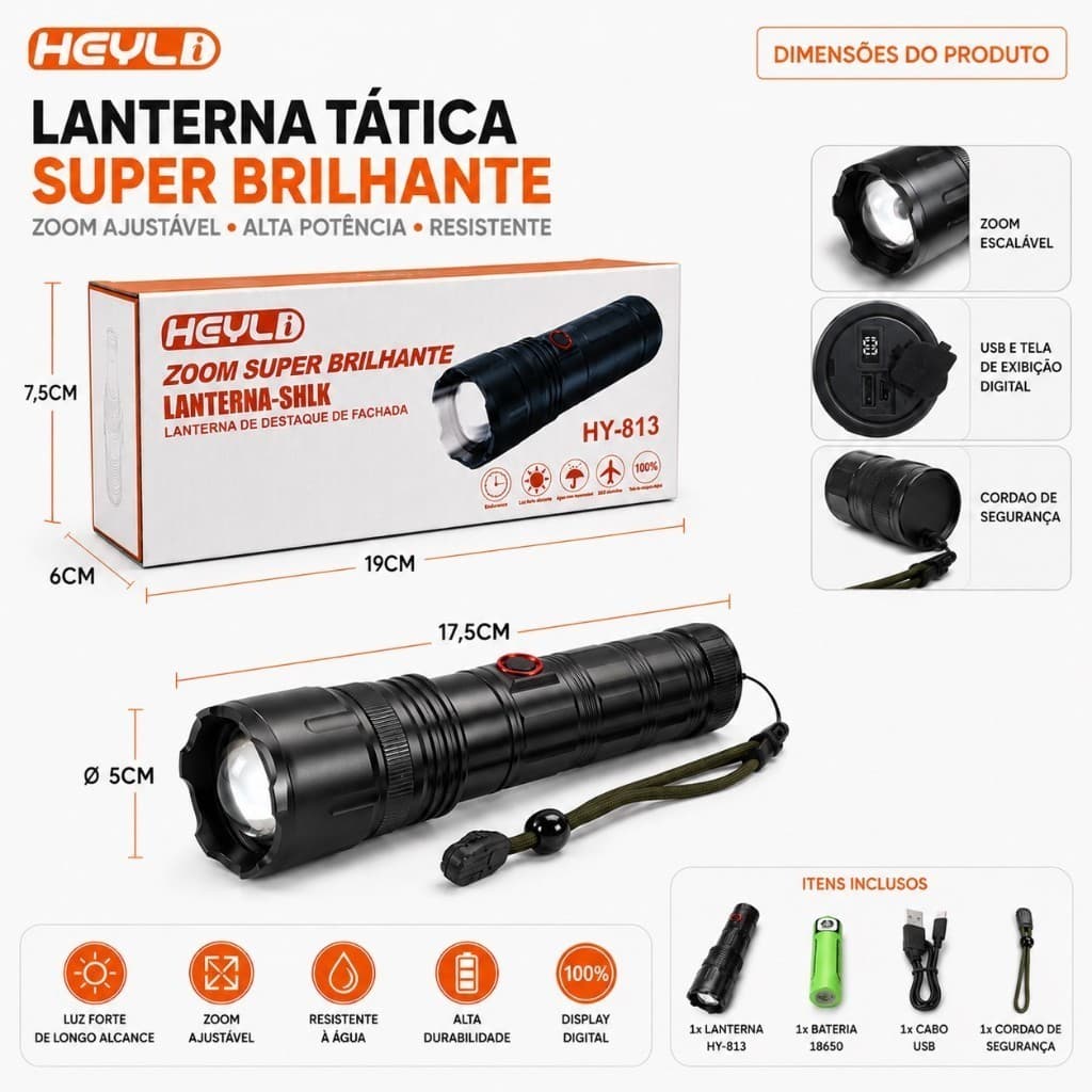Lanterna Tática LED Super Forte Zoom Ajustável Display Digital À prova d'água USB-C Original Bateria de 18650 mAh-HY-813