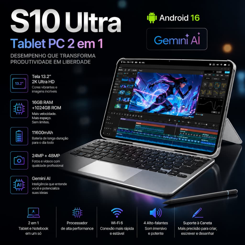 Complete Kit with Keyboard and Mouse Official Tablet S10 Ultra 2in1 Android5G 13.2 inch 4K UHD Screen 16GB RAM + 1024GB