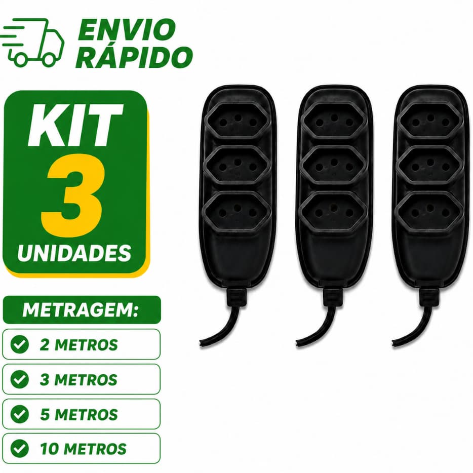 Kit 3 Extensão Elétrica Bivolt 2m 3m 5m 10m 10A Tripolar 3 Tomadas Padrão Brasileiro 110/220V Reforçada