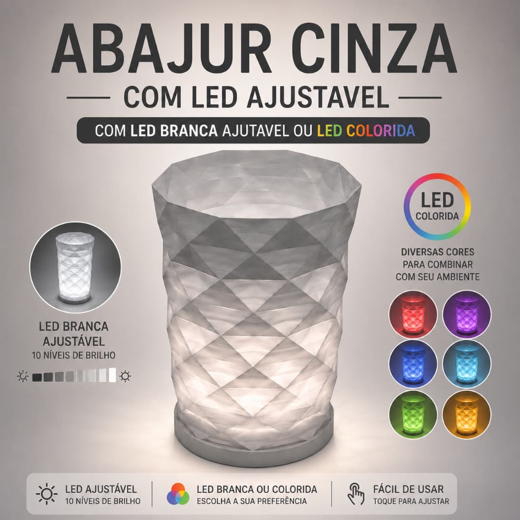 Abajur LED Decorativo USB com Controle de Brilho – 3 Modos de Luz | Design Moderno Geométrico