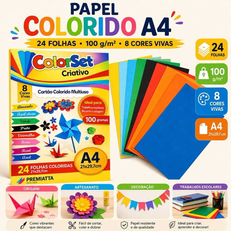 Papel ColorSet Criativo A4 100g Cores Vivas Sortidas para Escola, Origami, Artes, Artesanato
