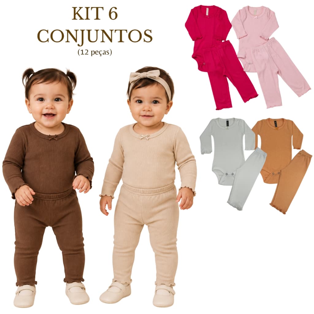 Kit 6 Conjuntos 12 Peças Body Bebê Menina Manga Longa Calça FruFru Laço Ribana Canelada Inverno