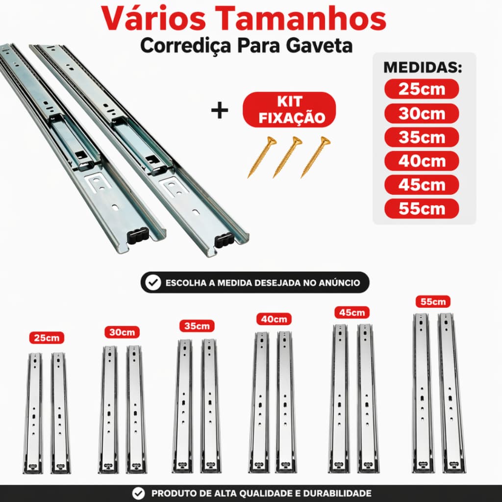 Kit 2 Corrediças de Gaveta Telescópica Light Com Parafusos Inclusos 25cm | 30cm | 35cm | 40cm | 45cm