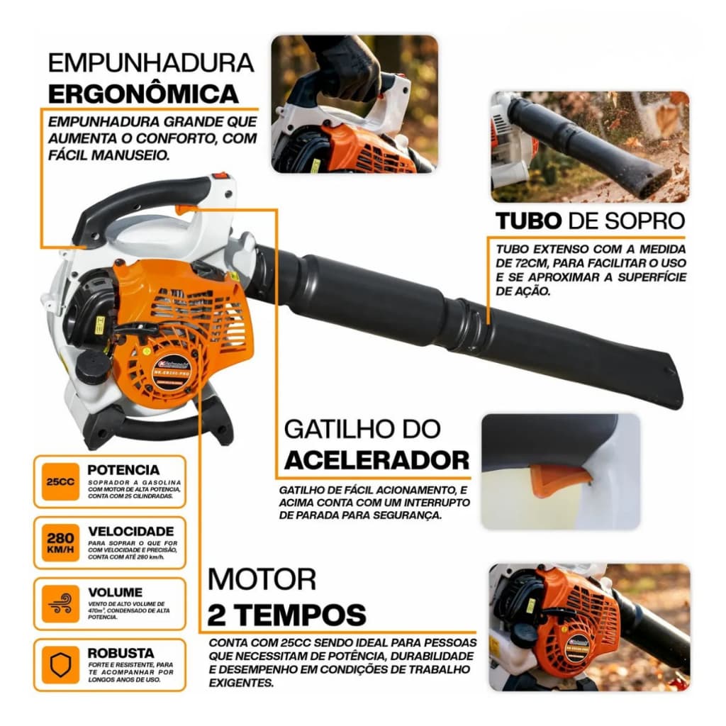 Soprador De Folhas Gasolina Nakasaki 25cc 2t Profissional Potente Para Jardim E Quintal