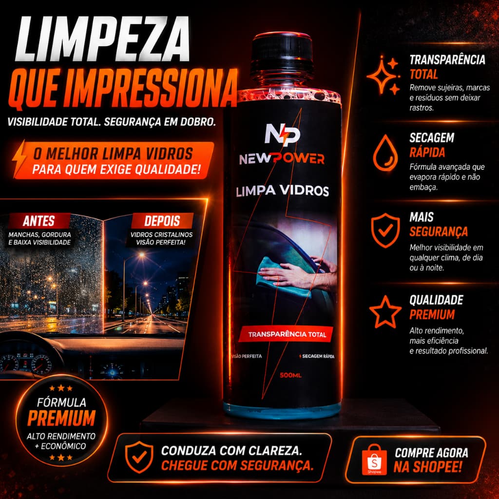 Limpa Vidros Automotivo New Power – Desengordura Para-brisa e Retrovisores sem Deixar Manchas
