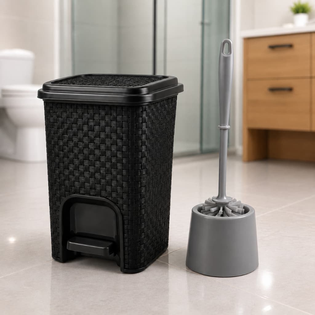 Lixeira Rattan 7L com Pedal e Escova Sanitária Banheiro Preta Resistente Compacta Completa