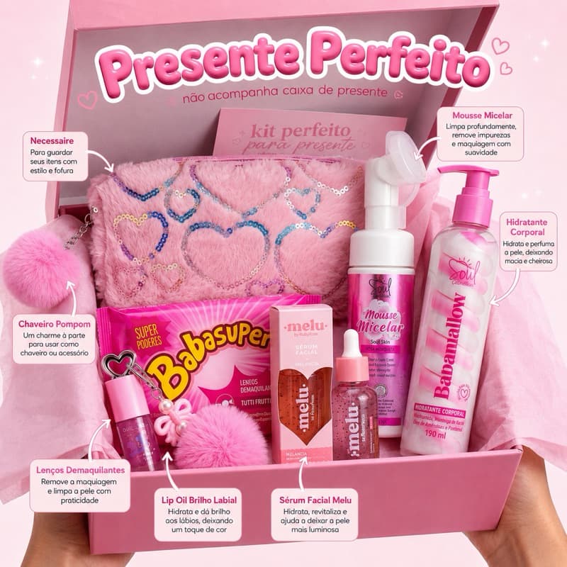 Kit  Menina Skincare Melu 6 Itens Necessaire Pelúcia Hidratante Mousse Micelar Lip Oil Sérum Presente Infantil