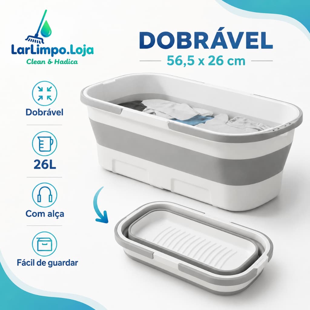 Balde Dobrável Retangular Silicone 26L com Alça Pratico Retrátil Mop |56.5CMx26CM