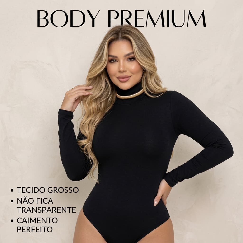 Body Feminino manga longa gola alta Cacharrel Segunda Pele Suplex Premium Moda Bory Bore