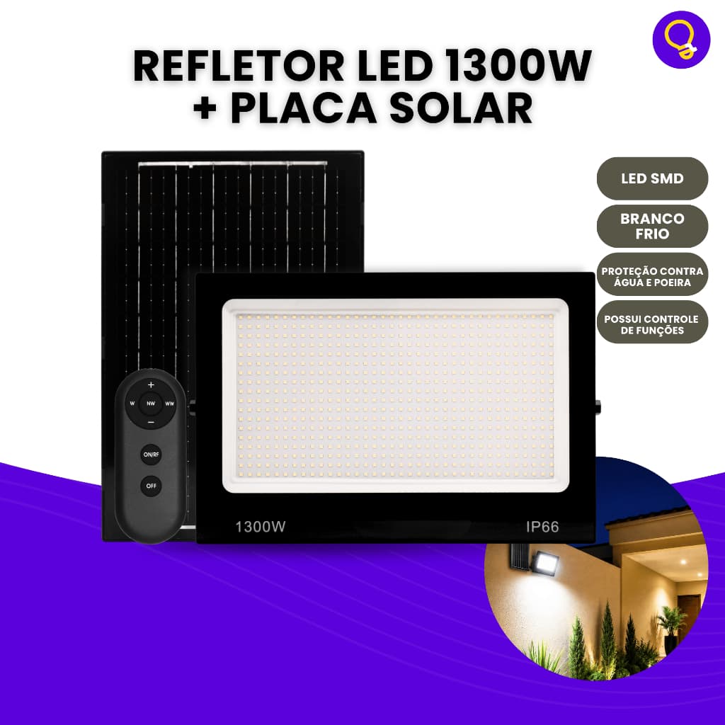 Refletor Solar Led Holofote 1300w Placa Bateria Prova D'água IP66