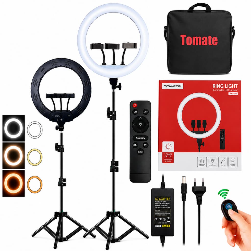 Ring Light LED profissional Original Tomate 18 poregadas Rl18 Grande forte + controle Tripe Bolsa