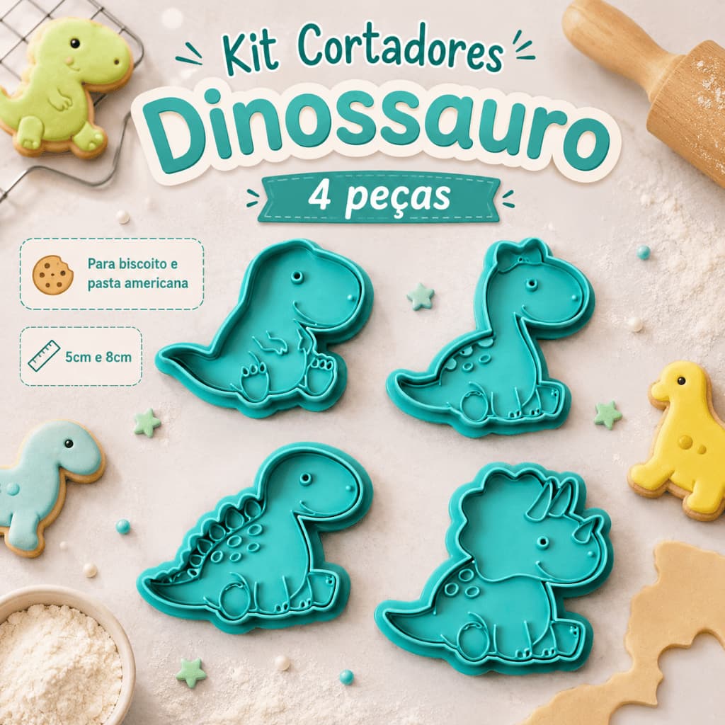 Kit Cortadores Dinossauro Festa Infantil Biscoito Pasta Americana Biscuit 4 Peças
