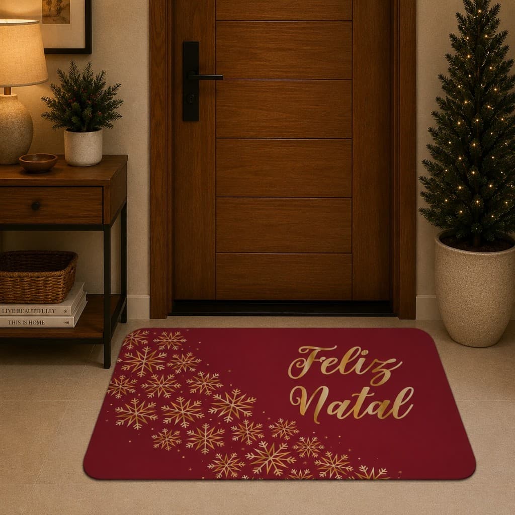 NATAL: TAPETE DE ENTRADA NATALINO ANTIDERRAPANTE 60X34cm FLOCOS DE NEVE