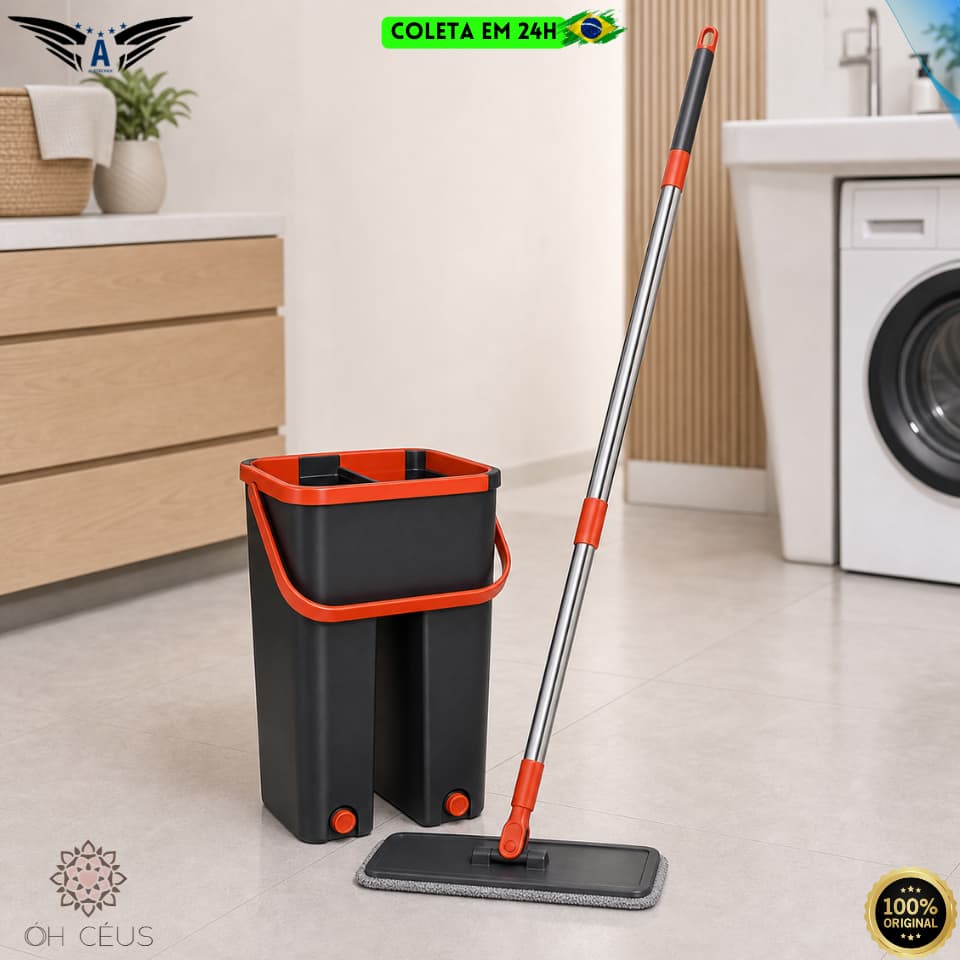 Mop Flat Lava E Seca Tira Pó e Dá Brilho Balde 5 Litros Base Flexível 360 Pano Microfibra Powermaid