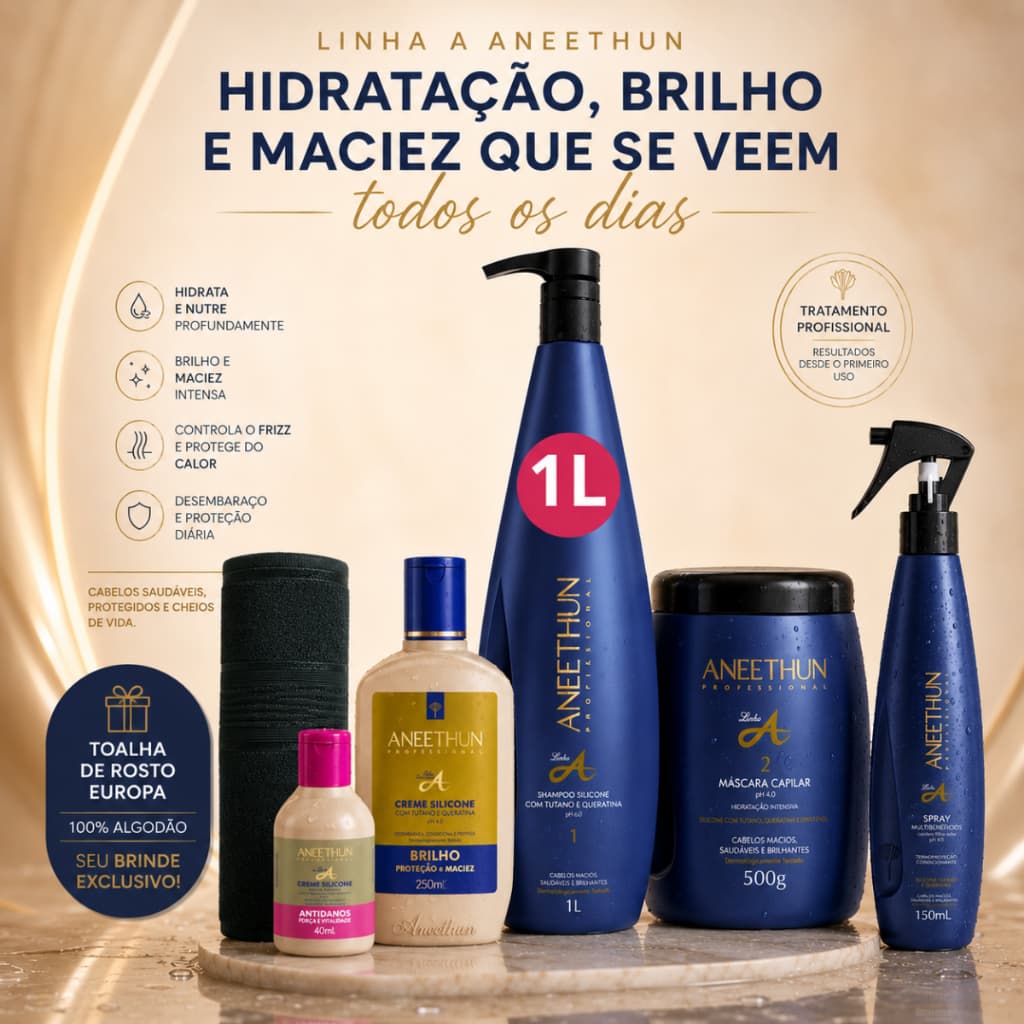 Kit Aneethun Linha A Hidratação Nutrição Brilho Maciez | Shampoo 1L | Máscara 500g | Creme Silicone 250ml | Spray 150ml