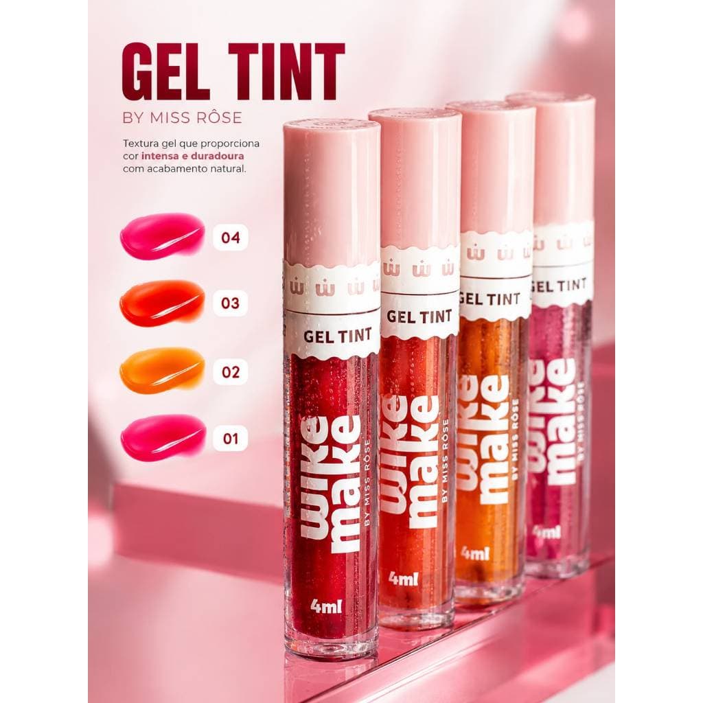 Miss Rose Gel Tint Wike Make 4ml - Textura Gel com Cor Intensa e Duradoura para Labios e Bochechas, Acabamento Natural