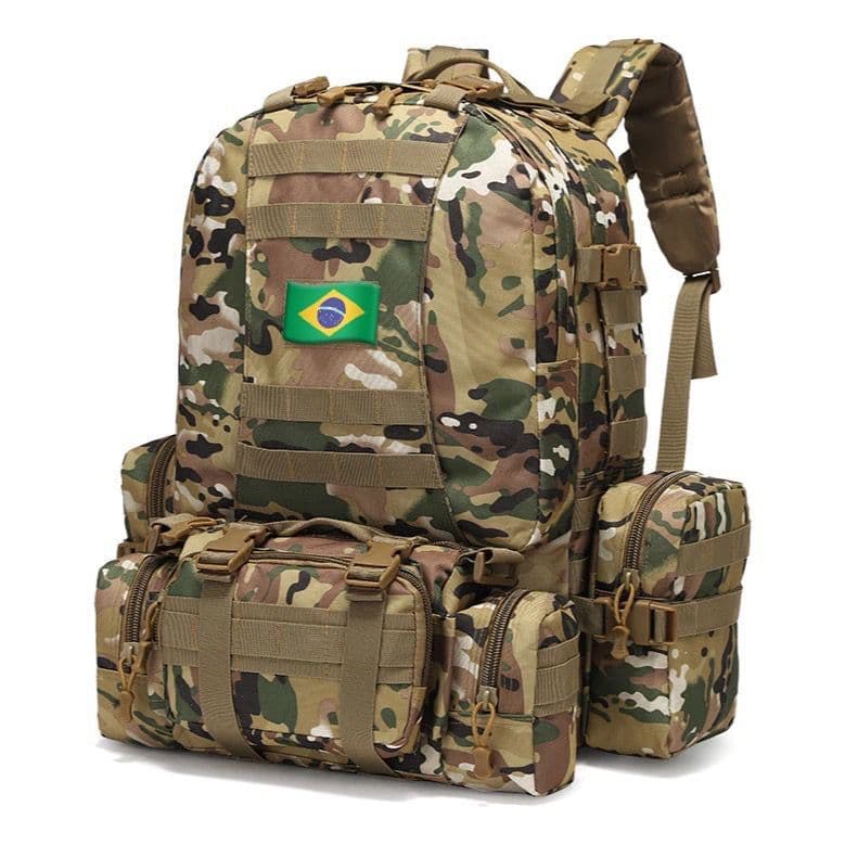 Mochila Tática Militar 65 Litros Reforçada 4 em 1 Oxford + Bandeira Brasil