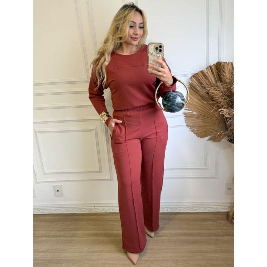 Conjunto Moletinho blusa manga longa com friso e calça wide leg bolso, feminino elegante pantalona inverno frio conforto