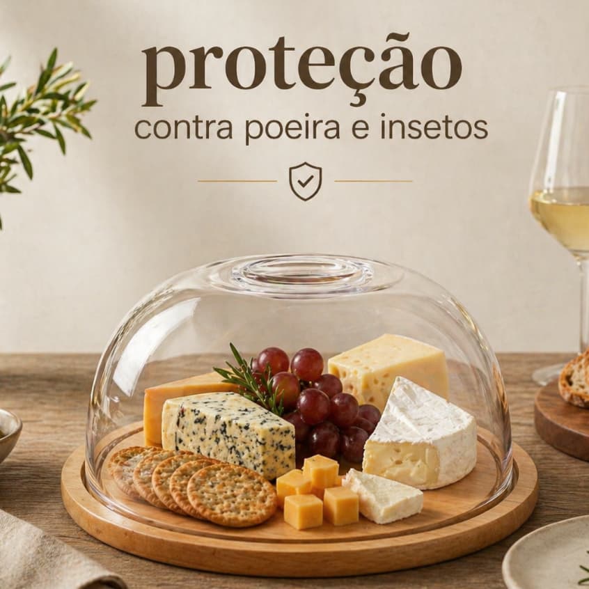 Queijeira Porta Queijo Bandeja MDF Cor Bambu Tampa Acrílica Madeira Frios Prato de Servir Hotelaria