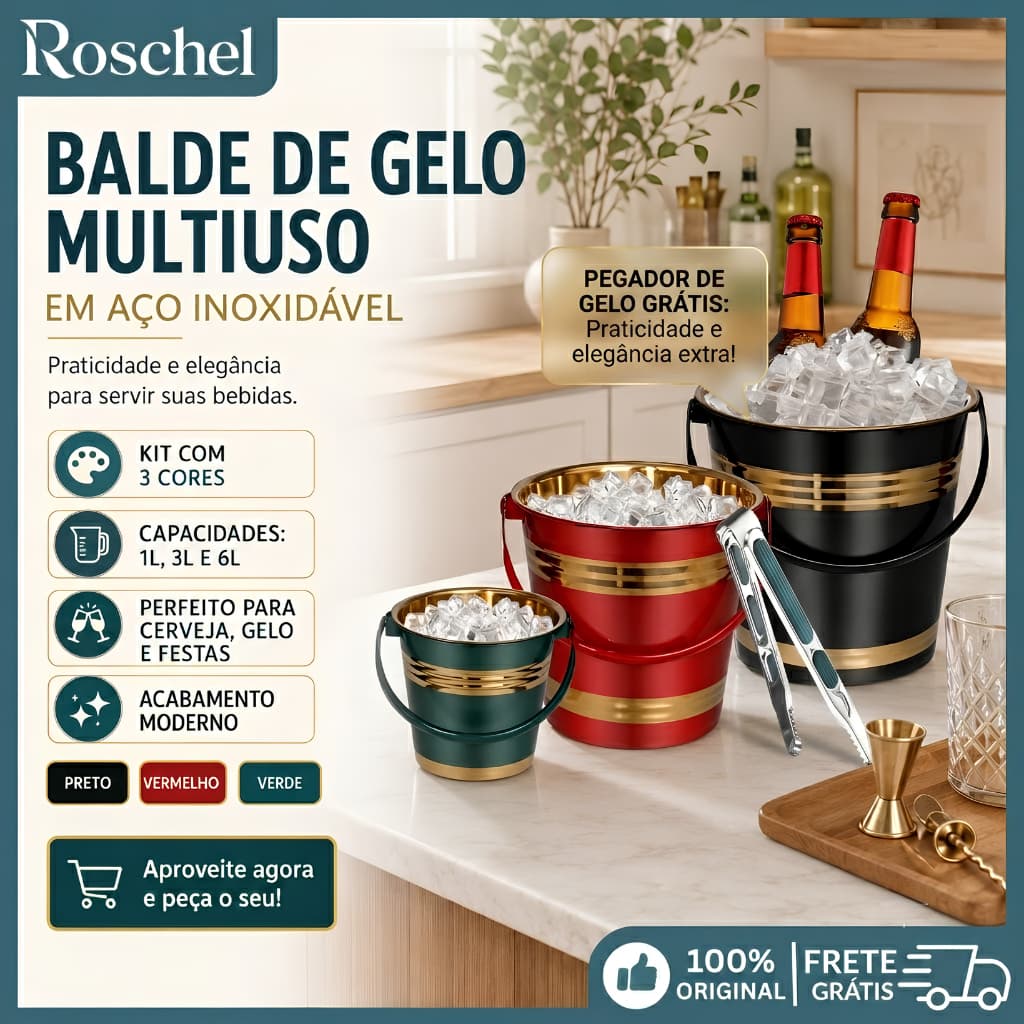 Balde de Gelo Aluminio Aço Inox 1/3/6L Multiuso Festa Casa Bebidas Geladas Resistente Premium
