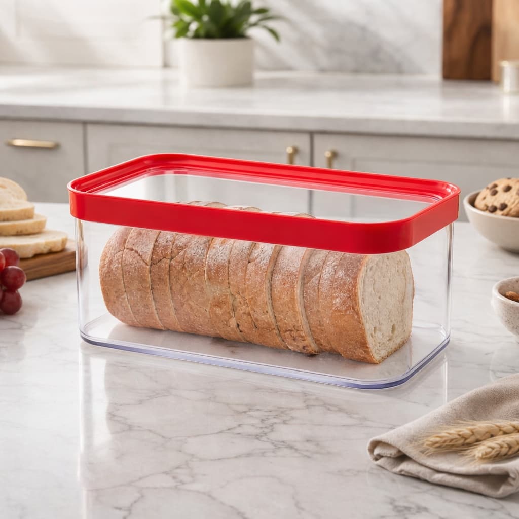 Porta Pão Bolo De Forma Biscoito Bolachas Acrílico  Pote Hermético Retangular 1500ml Vermelho