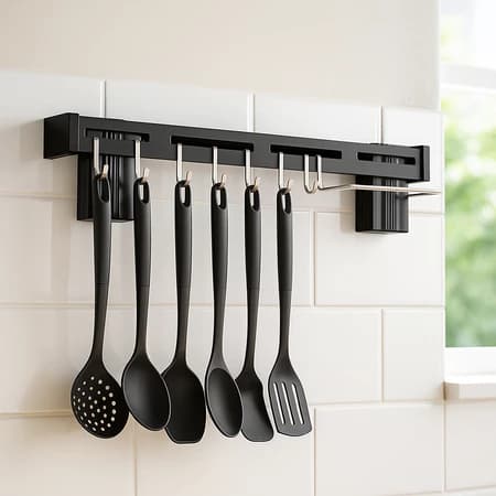 Suporte Organizador Utensílios Cozinha 8 Ganchos Cromado Resistente Prático Facilita Armazenamento Espaço Otimizado