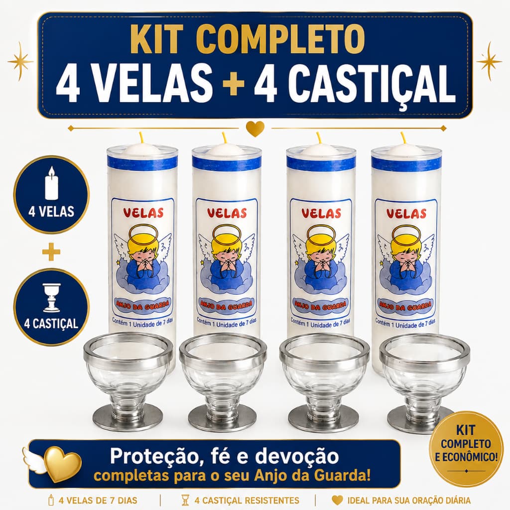 Kit 4 Velas 7 Dias 4 Castiçais de Vidro Vela Branca Oração Fé Proteção