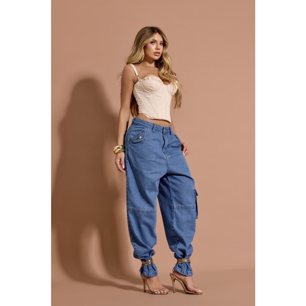 CALCA BAGGY CARGO TAMPAS BOLSOS - JEANS CLARO MARMORIZADO - calça jeans feminina tendencia moda blogueira glitter jeans